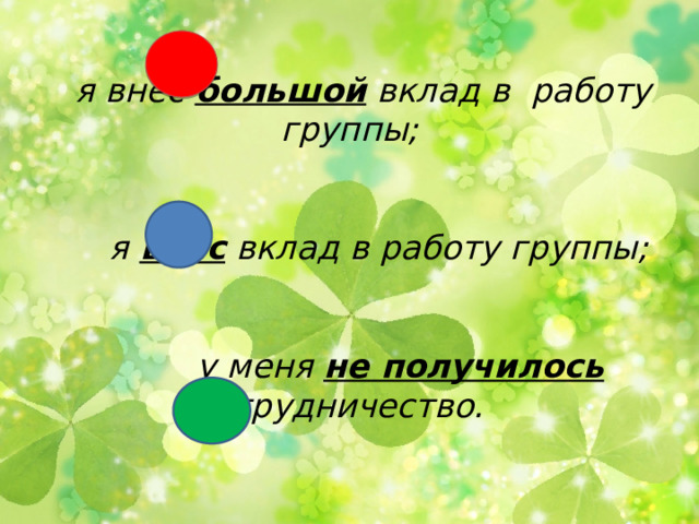      я внес большой вклад в работу группы;        я внес вклад в работу группы;          у меня не получилось сотрудничество.    
