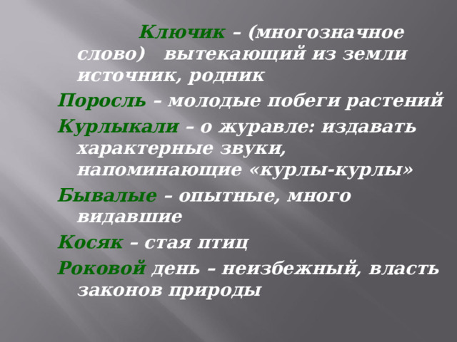  Ключик – (многозначное слово) вытекающий из земли источник, родник Поросль – молодые побеги растений Курлыкали – о журавле: издавать характерные звуки, напоминающие «курлы-курлы» Бывалые – опытные, много видавшие Косяк – стая птиц Роковой день – неизбежный, власть законов природы  
