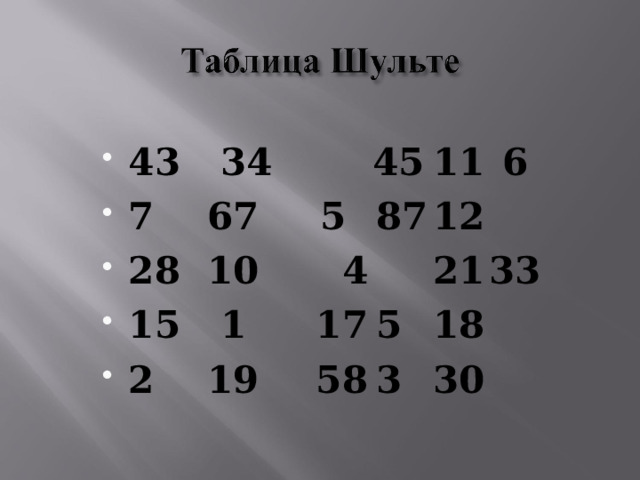 43  34  45  11  6 7  67  5  87  12 28  10  4  21  33 15  1  17  5  18 2  19  58  3  30  