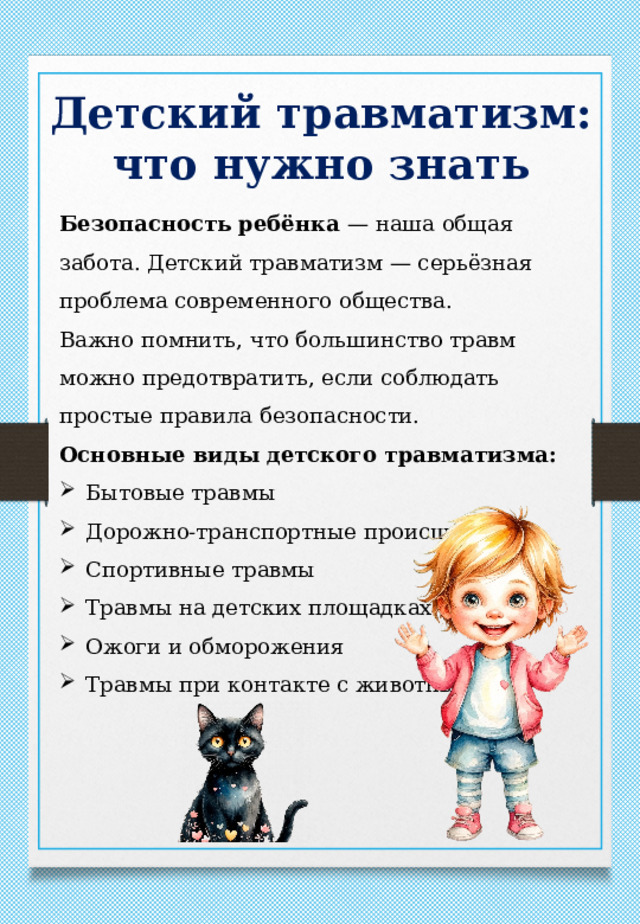 Детский травматизм: что нужно знать Безопасность ребёнка — наша общая забота. Детский травматизм — серьёзная проблема современного общества. Важно помнить, что большинство травм можно предотвратить, если соблюдать простые правила безопасности. Основные виды детского травматизма: Бытовые травмы Дорожно-транспортные происшествия Спортивные травмы Травмы на детских площадках Ожоги и обморожения Травмы при контакте с животными 