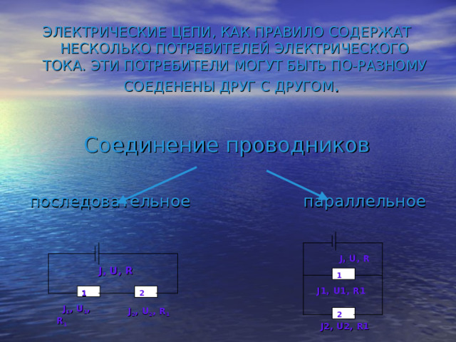 ЭЛЕКТРИЧЕСКИЕ ЦЕПИ, КАК ПРАВИЛО СОДЕРЖАТ НЕСКОЛЬКО ПОТРЕБИТЕЛЕЙ ЭЛЕКТРИЧЕСКОГО ТОКА. ЭТИ ПОТРЕБИТЕЛИ МОГУТ БЫТЬ ПО-РАЗНОМУ СОЕДЕНЕНЫ ДРУГ С ДРУГОМ . Соединение проводников  последовательное параллельное J , U , R J , U , R 1 J 1, U1 , R1 2 1  J 1 , U 1 , R 1  J 2 , U 2 , R 1 2 J 2, U 2, R1 