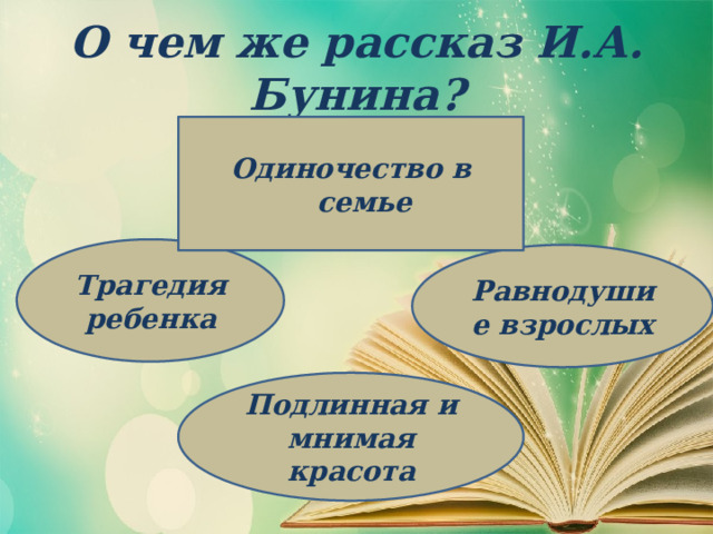 О чем же рассказ И.А. Бунина? Одиночество в семье Трагедия ребенка Равнодушие взрослых Подлинная и мнимая красота 