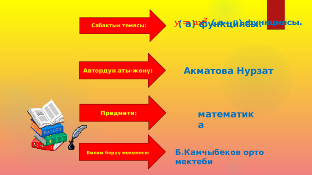 Сабактын темасы:  ( а) функциясы.   Автордун аты-жөнү: Акматова Нурзат Предмети: математика Билим берүү мекемеси: Б.Камчыбеков орто мектеби 