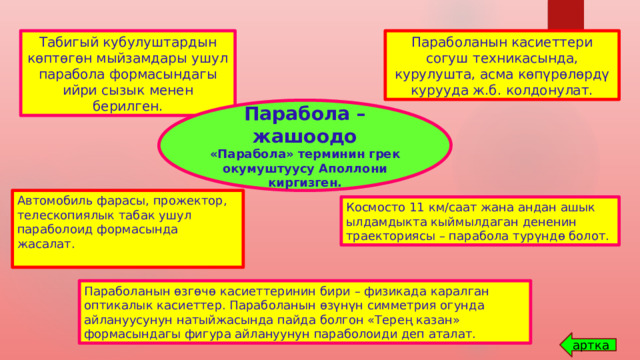 Табигый кубулуштардын көптөгөн мыйзамдары ушул парабола формасындагы ийри сызык менен берилген. Параболанын касиеттери согуш техникасында, курулушта, асма көпүрөлөрдү курууда ж.б. колдонулат. Парабола – жашоодо «Парабола» терминин грек окумуштуусу Аполлони киргизген. Автомобиль фарасы, прожектор, телескопиялык табак ушул параболоид формасында жасалат. Космосто 11 км/саат жана андан ашык ылдамдыкта кыймылдаган дененин траекториясы – парабола турүндө болот. Параболанын өзгөчө касиеттеринин бири – физикада каралган оптикалык касиеттер. Параболанын өзүнүн симметрия огунда айлануусунун натыйжасында пайда болгон «Терең казан» формасындагы фигура айлануунун параболоиди деп аталат. артка 
