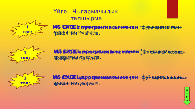 Үйгө: Чыгармачылык тапшырма 1 топ: MS EXCEL программасы менен функциясынын графигин түзгүлө.   1 топ: MS EXCEL программасы менен функциясынын графигин түзгүлө.   1 топ: MS EXCEL программасы менен функциясынын графигин түзгүлө.   ал г а 