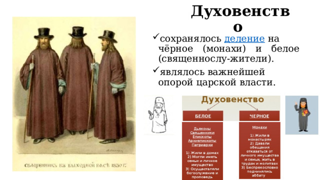 Духовенство сохранялось  деление  на чёрное (монахи) и белое (священнослу-жители). являлось важнейшей опорой царской власти. 