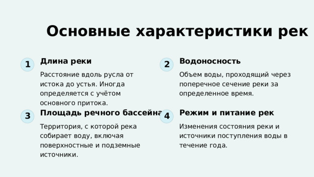  Основные характеристики рек Длина реки Водоносность 1 2 Расстояние вдоль русла от истока до устья. Иногда определяется с учётом основного притока. Объем воды, проходящий через поперечное сечение реки за определенное время. Площадь речного бассейна Режим и питание рек 3 4 Территория, с которой река собирает воду, включая поверхностные и подземные источники. Изменения состояния реки и источники поступления воды в течение года. 