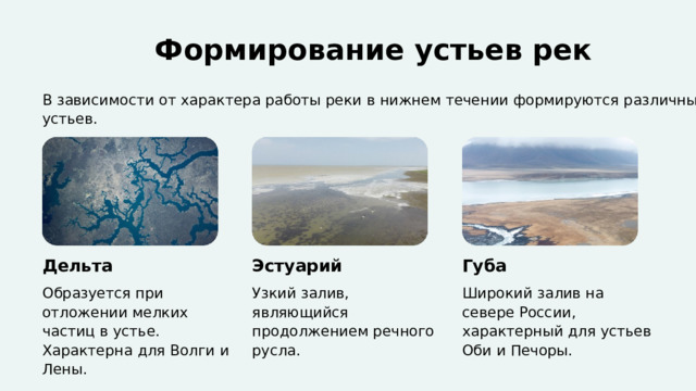  Формирование устьев рек В зависимости от характера работы реки в нижнем течении формируются различные типы устьев. Дельта Эстуарий Губа Образуется при отложении мелких частиц в устье. Характерна для Волги и Лены. Узкий залив, являющийся продолжением речного русла. Широкий залив на севере России, характерный для устьев Оби и Печоры. 
