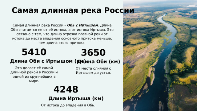  Самая длинная река России Самая длинная река России - Обь с Иртышом . Длина Оби считается не от её истока, а от истока Иртыша. Это связано с тем, что длина отрезка главной реки от истока до места впадения основного притока меньше, чем длина этого притока. 5410 3650 Длина Оби с Иртышом (км) Длина Оби (км) Это делает её самой длинной рекой в России и одной из крупнейших в мире. От места слияния с Иртышом до устья. 4248 Длина Иртыша (км) От истока до впадения в Обь. 