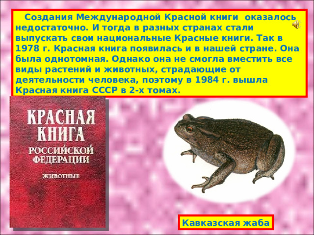  Создания Международной Красной книги оказалось недостаточно. И тогда в разных странах стали выпускать свои национальные Красные книги. Так в 1978 г. Красная книга появилась и в нашей стране. Она была однотомная. Однако она не смогла вместить все виды растений и животных, страдающие от деятельности человека, поэтому в 1984 г. вышла Красная книга СССР в 2-х томах. Кавказская жаба 