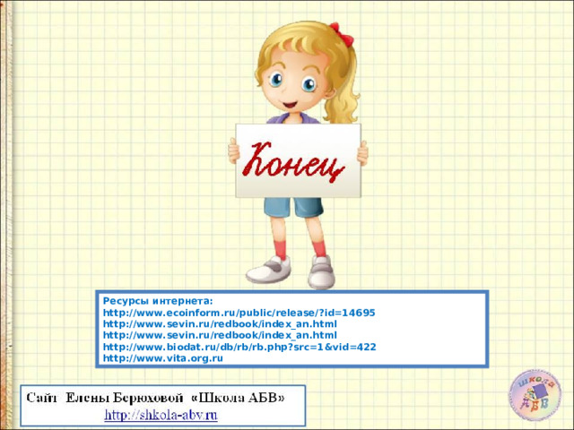 Ресурсы интернета: http://www.ecoinform.ru/public/release/?id=14695 http://www.sevin.ru/redbook/index_an.html http://www.sevin.ru/redbook/index_an.html http://www.biodat.ru/db/rb/rb.php?src=1&vid=422 http://www.vita.org.ru 