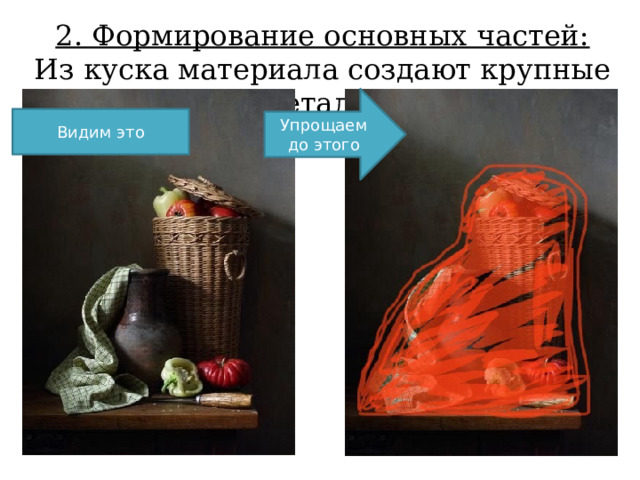 2. Формирование основных частей: Из куска материала создают крупные детали. Упрощаем до этого Видим это 