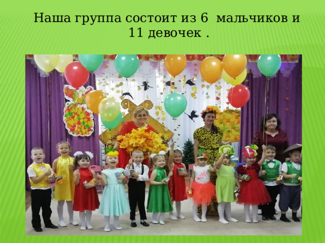 Наша группа состоит из 6 мальчиков и 11 девочек . 