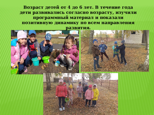 Возраст детей от 4 до 6 лет. В течение года дети развивались согласно возрасту, изучили программный материал и показали позитивную динамику по всем направления развития. 