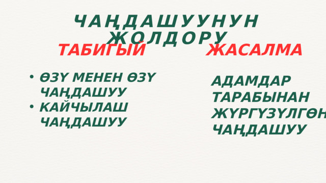 ЧАҢДАШУУНУН ЖОЛДОРУ ТАБИГЫЙ ЖАСАЛМА ӨЗҮ МЕНЕН ӨЗҮ ЧАҢДАШУУ КАЙЧЫЛАШ ЧАҢДАШУУ ӨЗҮ МЕНЕН ӨЗҮ ЧАҢДАШУУ КАЙЧЫЛАШ ЧАҢДАШУУ АДАМДАР ТАРАБЫНАН ЖҮРГҮЗҮЛГӨН ЧАҢДАШУУ 
