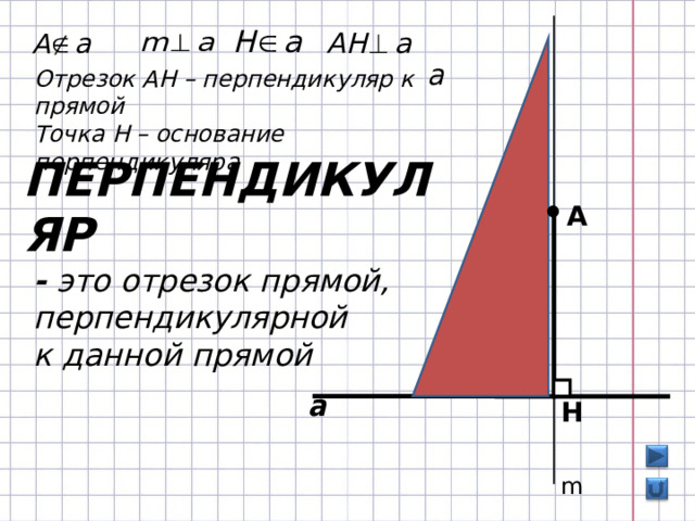 Отрезок АН – перпендикуляр к  прямой Точка Н – основание перпендикуляра  ПЕРПЕНДИКУЛЯР  - это отрезок прямой,  перпендикулярной  к данной прямой A H m 