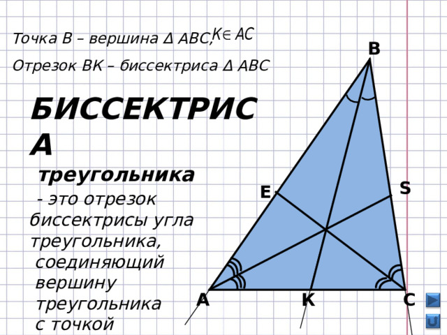 Точка В – вершина Δ АВС, Отрезок ВК – биссектриса Δ АВС В БИССЕКТРИСА  треугольника  - это отрезок биссектрисы угла треугольника,  соединяющий  вершину  треугольника  с точкой противоположной  стороны S E К С А 