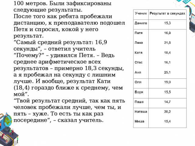 В конце учебного года 11 учеников 7-го класса сдали норматив по бегу на 100 метров. Были зафиксированы следующие результаты.  После того как ребята пробежали дистанцию, к преподавателю подошел Петя и спросил, кокой у него результат.  “Самый средний результат: 16,9 секунды”, – ответил учитель  “Почему?” – удивился Петя. – Ведь среднее арифметическое всех результатов – примерно 18,3 секунды, а я пробежал на секунду с лишним лучше. И вообще, результат Кати (18,4) гораздо ближе к среднему, чем мой”.  “Твой результат средний, так как пять человек пробежали лучше, чем ты, и пять – хуже. То есть ты как раз посередине”, – сказал учитель.   