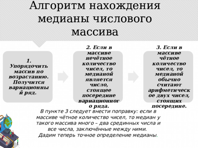 Алгоритм нахождения медианы числового массива 1. Упорядочить массив по возрастанию. Получится вариационный ряд. 2. Если в массиве нечётное количество чисел, то медианой является число, стоящее посередине вариационного ряда. 3. Если в массиве чётное количество чисел, то медианой обычно считают арифметическое двух чисел, стоящих посередине. В пункте 3 следует внести поправку: если в массиве чётное количество чисел, то медиан у такого массива много – два срединных числа и все числа, заключённые между ними. Дадим теперь точное определение медианы . 