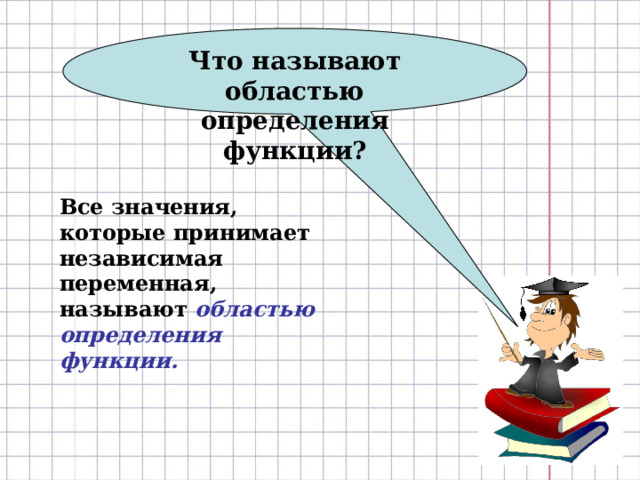 Что называют областью определения функции? Все значения, которые принимает независимая переменная, называют областью определения функции. 