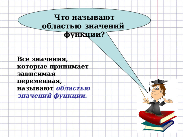 Что называют областью значений функции? Все значения, которые принимает зависимая переменная, называют областью значений функции. 
