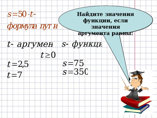 Назовите аргумент и функцию от этого аргумента. Какова область определения функции? Найдите значения функции, если значения аргумента равны: 