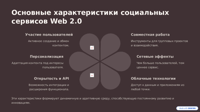 Основные характеристики социальных сервисов Web 2.0 Совместная работа Участие пользователей Инструменты для групповых проектов и взаимодействия. Активное создание и обмен контентом. Персонализация Сетевые эффекты Чем больше пользователей, тем ценнее сервис. Адаптация контента под интересы пользователя. Облачные технологии Открытость и API Возможность интеграции и расширения функционала. Доступ к данным и приложениям из любой точки. Эти характеристики формируют динамичную и адаптивную среду, способствующую постоянному развитию и инновациям.  