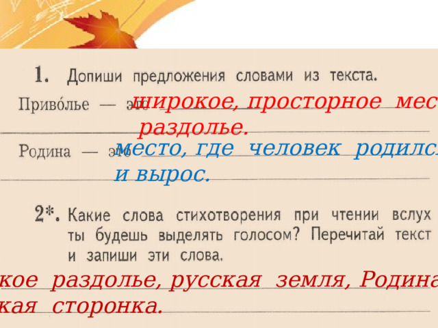 широкое, просторное место,  раздолье. место, где человек родился и вырос. . Русское раздолье, русская земля, Родина моя, русская сторонка. 