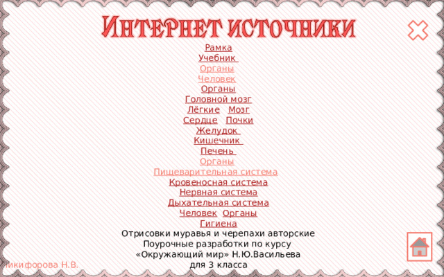 Рамка Учебник Органы  Человек  Органы Головной мозг Лёгкие  Мозг Сердце  Почки Желудок Кишечник Печень Органы  Пищеварительная система  Кровеносная система Нервная система Дыхательная система Человек  Органы Гигиена Отрисовки муравья и черепахи авторские Поурочные разработки по курсу «Окружающий мир» Н.Ю.Васильева для 3 класса 