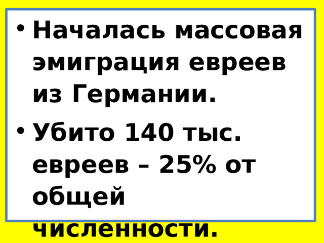 Началась массовая эмиграция евреев из Германии. Убито 140 тыс. евреев – 25% от общей численности. 