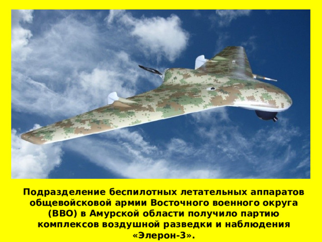 Подразделение беспилотных летательных аппаратов общевойсковой армии Восточного военного округа (ВВО) в Амурской области получило партию комплексов воздушной разведки и наблюдения «Элерон-3». 