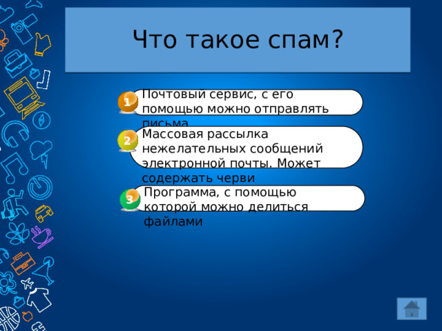 Что такое спам? Почтовый сервис, с его помощью можно отправлять письма 1 Массовая рассылка нежелательных сообщений электронной почты. Может содержать черви 2 Программа, с помощью которой можно делиться файлами 3 3 
