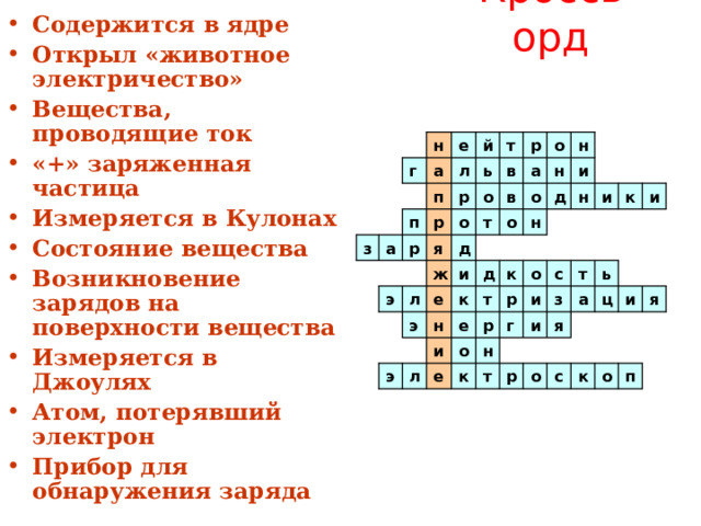 Содержится в ядре Открыл «животное электричество» Вещества, проводящие ток «+» заряженная частица Измеряется в Кулонах Состояние вещества Возникновение зарядов на поверхности вещества Измеряется в Джоулях Атом, потерявший электрон Прибор для обнаружения заряда   Кроссворд  т   н о р й е н    а    и н ь в л а г   в и н д о  о р п к   и   п р о т о н        р    з   д я а  о с  т д к  и    ж ь и я и ц а з р к е л э т  и    я  г е н э  р          н о   и  э л е т р о с к о п  к 