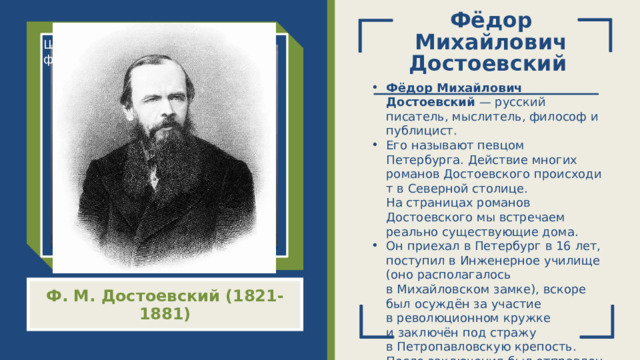 Фёдор Михайлович Достоевский   Щелкните значок, чтобы добавить фото Фёдор Михайлович Достоевский  — русский писатель, мыслитель, философ и публицист. Его называют певцом Петербурга. Действие многих романов Достоевского происходит в Северной столице. На страницах романов Достоевского мы встречаем реально существующие дома. Он приехал в Петербург в 16 лет, поступил в Инженерное училище (оно располагалось в Михайловском замке), вскоре был осуждён за участие в революционном кружке и заключён под стражу в Петропавловскую крепость. После заключения был отправлен в ссылку, после которой вернулся в Петербург. Ф. М. Достоевский (1821-1881)  