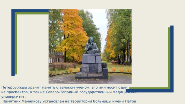 Петербуржцы хранят память о великом учёном: его имя носит один из проспектов, а также Северо‑Западный государственный медицинский университет.  Памятник Мечникову установлен на территории больницы имени Петра Великого.  