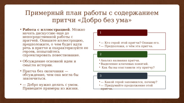 Примерный план работы с содержанием притчи «Добро без ума» Работа с иллюстрацией . Можно начать дискуссию еще до непосредственной работы с притчей. Опишите иллюстрацию, предположите, о чем будет идти речь в притче и охарактеризуйте ее героев, попытайтесь спроектировать повествование. Обсуждение основной идеи и смысла истории. Притча без окончания — обсуждение, чем она могла бы закончиться. — Добро нужно делать с умом. Приведите примеры из жизни. 1 — Кто герой этой притчи? Опиши его. — Предположи, о чём эта притча. — Кто герой этой притчи? Опиши его. — Предположи, о чём эта притча. 2 Анализ названия притчи. Выделение ключевых понятий.  Как бы вы озаглавили эту притчу? Анализ названия притчи. Выделение ключевых понятий.  Как бы вы озаглавили эту притчу? 3 — Какой герой запомнился, почему? — Придумайте продолжение этой притчи. — Какой герой запомнился, почему? — Придумайте продолжение этой притчи. 