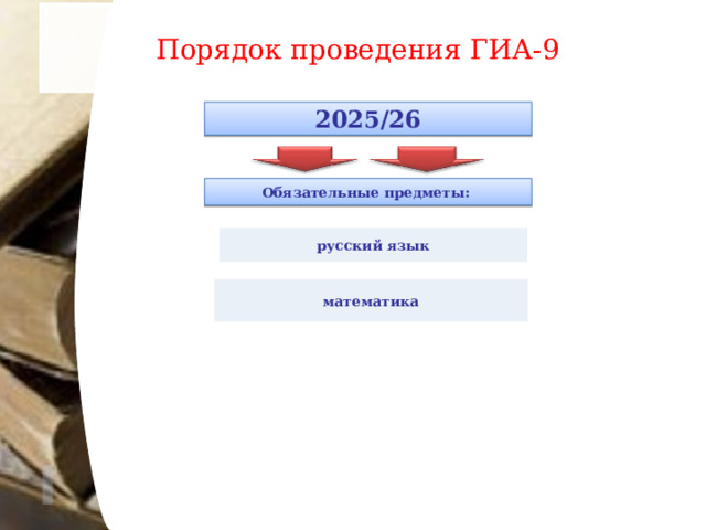 Порядок проведения ГИА-9 2025/26 Обязательные предметы: русский язык математика  