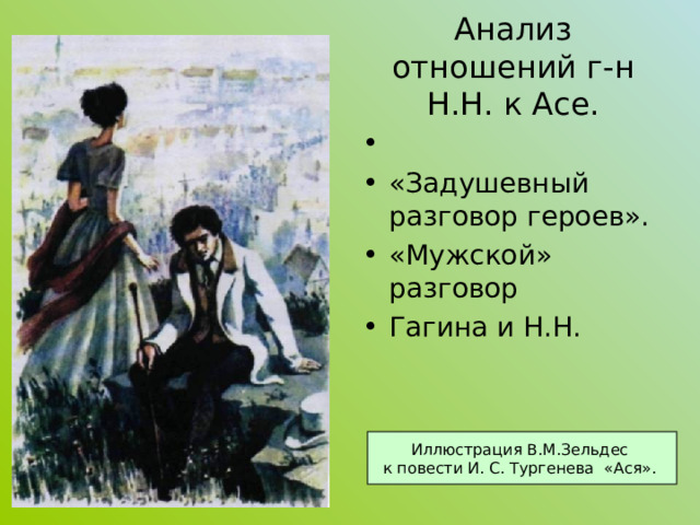 Анализ отношений г-н Н.Н. к Асе. «Задушевный разговор героев». «Мужской» разговор Гагина и Н.Н. Иллюстрация В.М.Зельдес к повести И. С. Тургенева «Ася». 