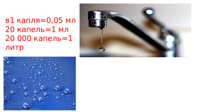 в1 капля=0,05 мл 20 капель=1 мл 20 000 капель=1 литр 