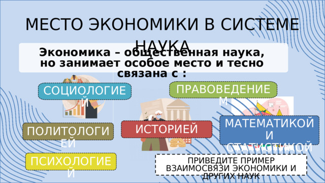 МЕСТО ЭКОНОМИКИ В СИСТЕМЕ НАУКА Экономика – общественная наука, но занимает особое место и тесно связана с : ПРАВОВЕДЕНИЕМ СОЦИОЛОГИЕЙ МАТЕМАТИКОЙ И СТАТИСТИКОЙ ИСТОРИЕЙ ПОЛИТОЛОГИЕЙ ПСИХОЛОГИЕЙ ПРИВЕДИТЕ ПРИМЕР ВЗАИМОСВЯЗИ ЭКОНОМИКИ И ДРУГИХ НАУК 
