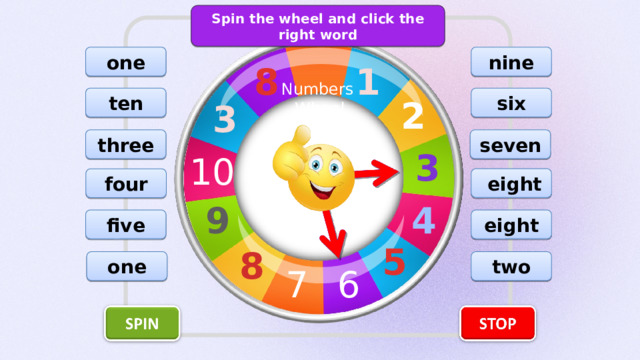 Spin the wheel and click the right word nine one 8 1 Numbers Wheel ten six 2 3 seven three 3 10  eight four 4 9 eight five 5 8 two one 7 6 