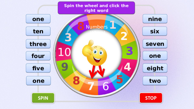 Spin the wheel and click the right word nine one 1 8 Numbers Wheel ten six 2 3 seven three 3 10 one four 4 9 eight five 5 8 two one 7 6 