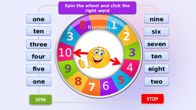 Spin the wheel and click the right word one nine 1 8 Numbers Wheel ten six 3 2 seven three 10 3 ten four 4 9 five eight 5 8 two one 6 7 EXIT  
