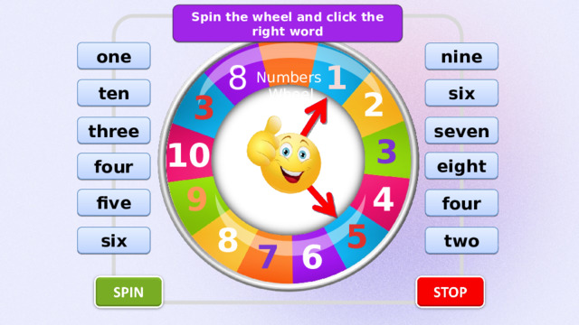 Spin the wheel and click the right word one nine 1 8 Numbers Wheel ten six 2 3 three seven 3 10 eight four 9 4 five four 5 8 two six 6 7 