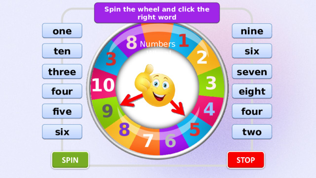 Spin the wheel and click the right word one nine 1 8 Numbers Wheel ten six 2 3 seven three 3 10 eight four 4 9 five four 8 5 two six 7 6 