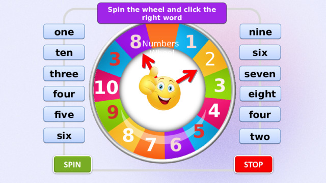 Spin the wheel and click the right word one nine 1 8 Numbers Wheel six ten 2 3 seven three 3 10  eight four 4 9 four five 5 8 six two 7 6 