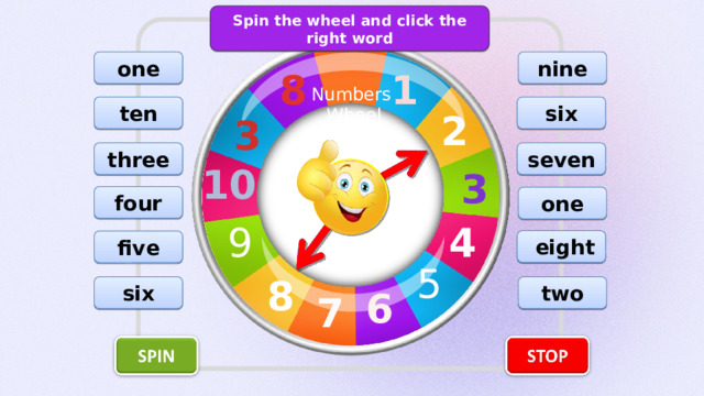 Spin the wheel and click the right word one nine 8 1 Numbers Wheel six ten 2 3 three seven 10 3 four one 4 9  eight five 5 8 two six 6 7 