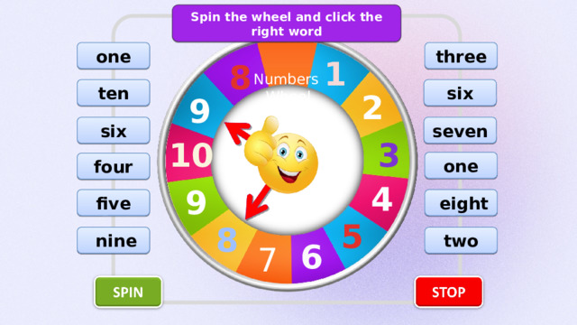 Spin the wheel and click the right word three one 1 8 Numbers Wheel ten six 2 9 six seven 3 10 one four 4 9 five  eight 5 8  nine two 6 7 