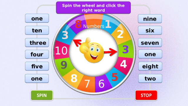 Spin the wheel and click the right word one nine 8 1 Numbers Wheel ten six 2 3  three seven 3 10 one four 4 9 five eight 5 8 two one 7 6 