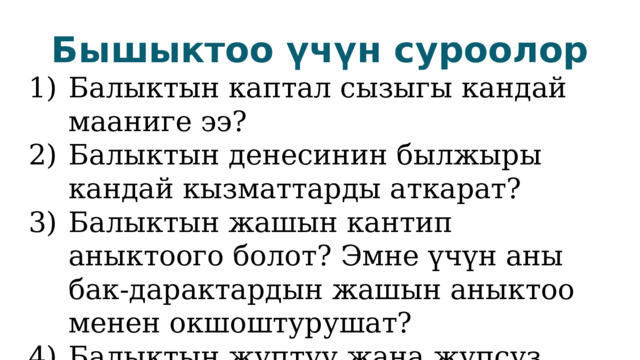 Бышыктоо үчүн суроолор Балыктын каптал сызыгы кандай мааниге ээ? Балыктын денесинин былжыры кандай кызматтарды аткарат? Балыктын жашын кантип аныктоого болот? Эмне үчүн аны бак-дарактардын жашын аныктоо менен окшоштурушат? Балыктын жуптуу жана жупсуз сүзгүчтөрү кандай кызматты аткарышат? 